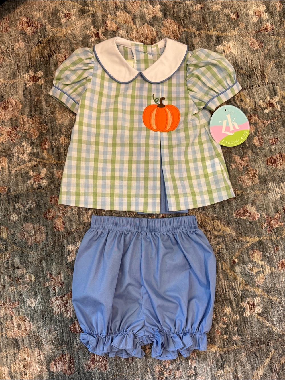 Green & Blue Gingham Peter Pan Top with Blue Bloomers